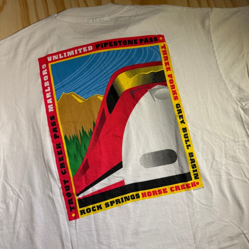 Vintage 1996 Marlboro Unlimited Train Graphic Pocket T-Shirt Men's Size XL White